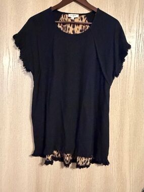 Umgee Black Short Sleeve Tunic with Leopard Trim